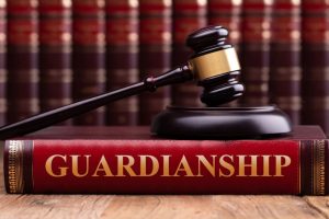 Judge's gavel and striking block placed on top of a law book with 'Guardianship Law' text, resting on a wooden desk.