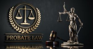 3D illustration of a golden Probate Law icon with scales, featuring Themis and a judge's gavel in the background.